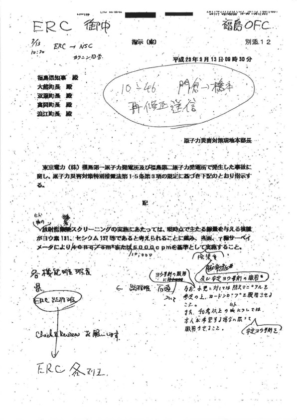 消えたファックス 「ヨウ素剤の服用についての指示書(案)」 原子力災害対策現地本部長から福島県の公共団体への「指示(案)」に、原子力安全委員会連絡調整班がコメントを入れ、ERC(経済産業省緊急時対応センター、この中に原子力防災対策現地本部(オフサイトセンター)が置かれた)に対して送付したファックス。コメントの趣旨は、スクリーニングレベルを10,000cpmとすること、スクリーニングレベルを超えた場合の除染と安定ヨウ素剤の服用及びそれにともなう注意事項など。その後、この書面の完成版が原子力災害対策現地本部長から福島県の各自治体へ出されたかは定かではない。 (原子力安全委員会事務局が2012年9月13日に発表した「住民スクリーニングと安定ヨウ素剤服用に関する平成23年3月13日の助言の経緯」より)