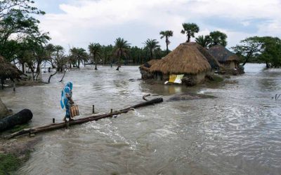 雨期の満潮時、浸水している西海岸の村で、水没しかけている家に向かう女性。浸水する領域は毎月、毎年、広がり深くなっていく。写
真はすべてモウスニ島、西ベンガル州、インド。2016年9月16日